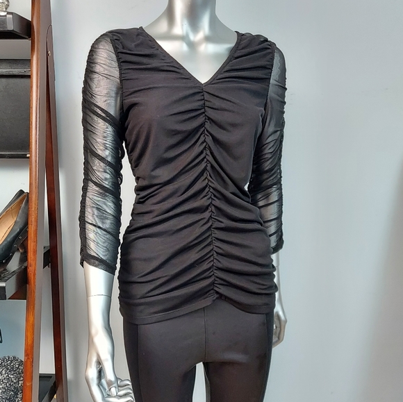 Boston Proper Rouched Satin/Mesh Top - Picture 2 of 7